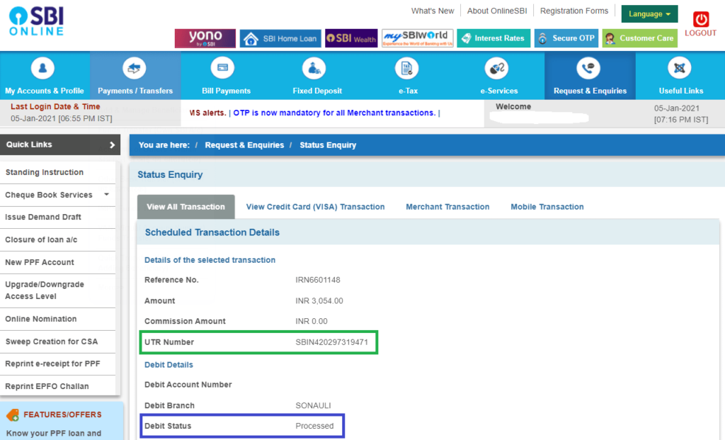 how to check utr number online sbi